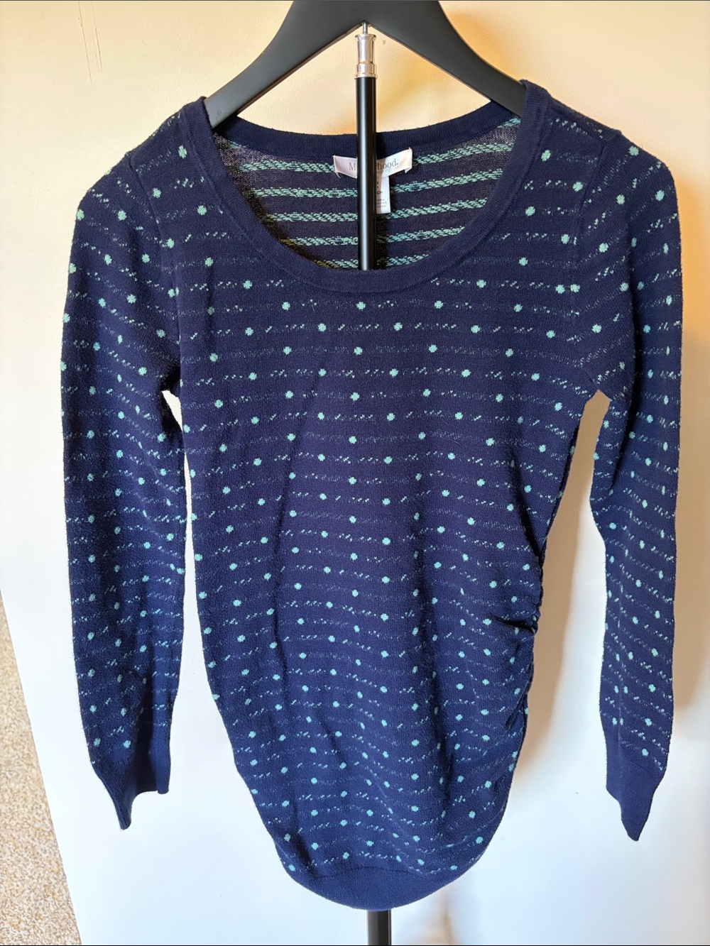 Motherhood Maternity Navy Scoopneck Sweater with Mint Dot-Stripe Pattern